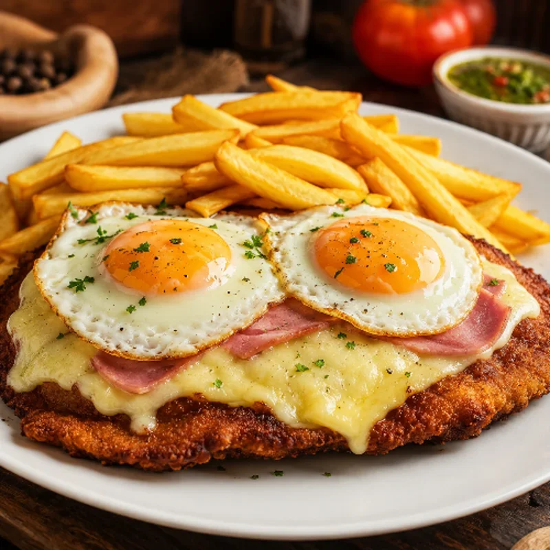 Milanesa de Carne a caballo con guarnición